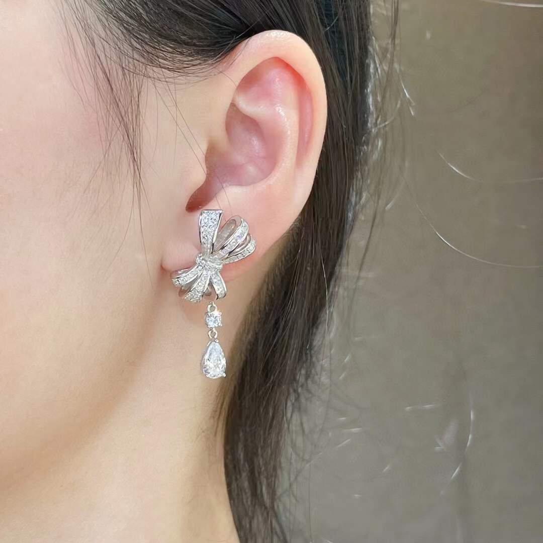 Women's Crystal Tilda Bow Knot Dangle Earrings 925 Sterling Silver Zircon Bow Earring Wedding Jewelry Water Drop Tassel Design
