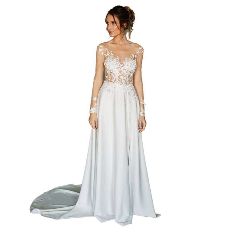 Sexy Backless Boho Wedding Dress Full Sleeves A-Line Beach Illusion Bridal Gowns Lace Applique Summer Long Satin Bride Dresses Custom Made