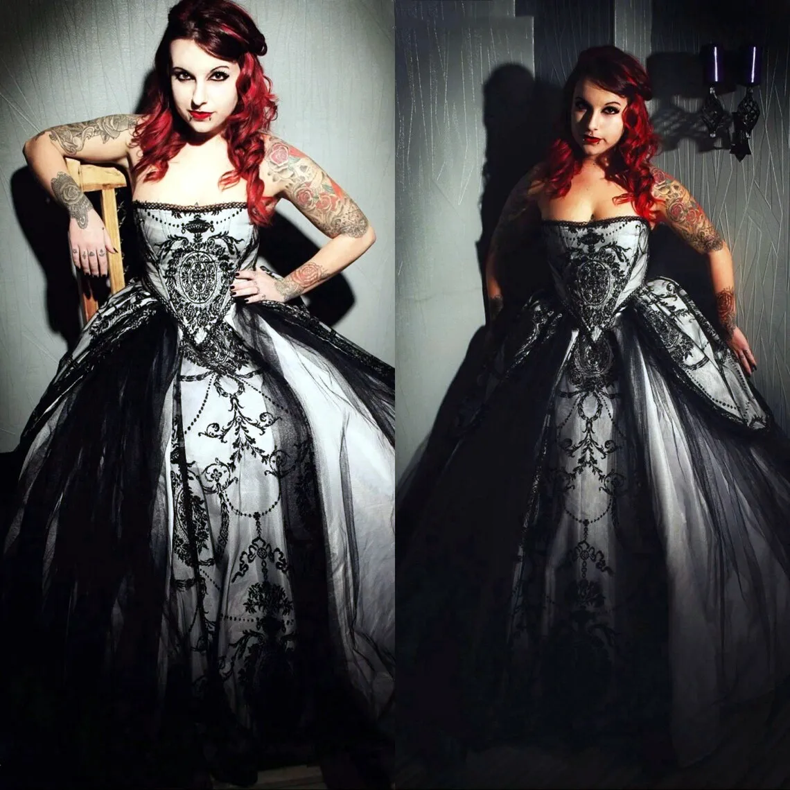 2023 Vintage Black Ballgown Wedding Dresses Bridal Gown Strapless Beaded Lace Applique Tulle Tiered Ruffles Custom Made Plus Size Vestido de novia