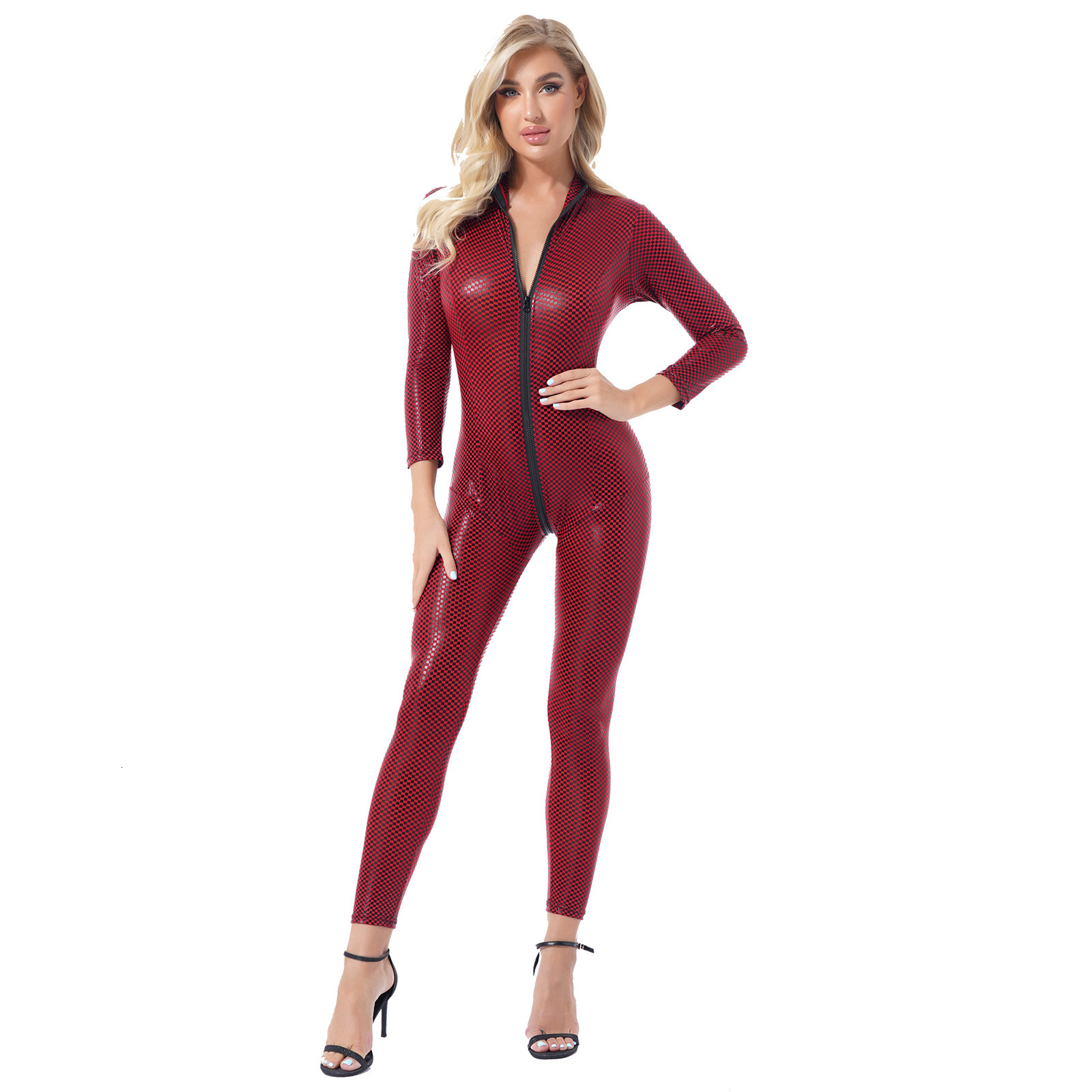 Women's Jumpsuits Rompers Womens Leopard Print Bodysuit Patent Leather Rave Bar Catsuit Clubwear Stand Collar Zipper Leotard Slim Fit Fashion Jum