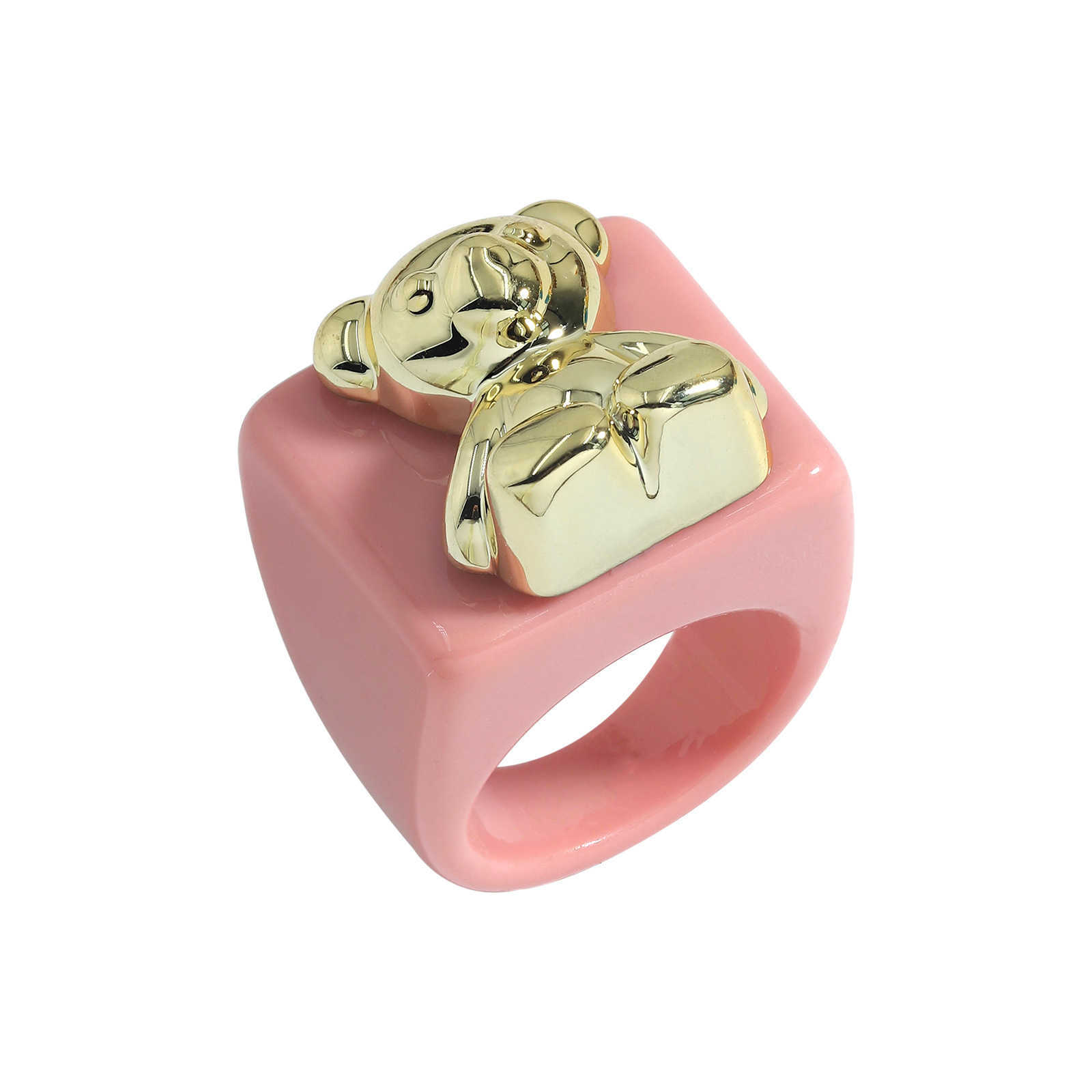 Solitaire Ring 2022 New INS Cute Cartoon Resin Acrylic Bear Metal Rings For Women Girl Candy Color Aesthetic Square Wholesale Jewelry Y2302