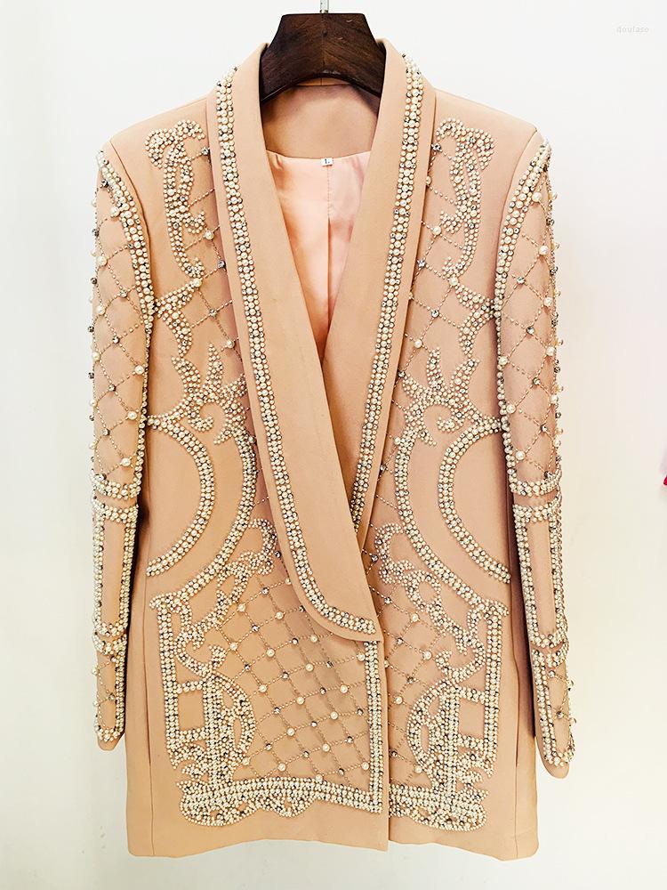 Casual Dresses Women Blazers Autumn Outfits Runway Celebrities Pearls Chain Jackets Winter Coats Crystal Diamonds High Quality