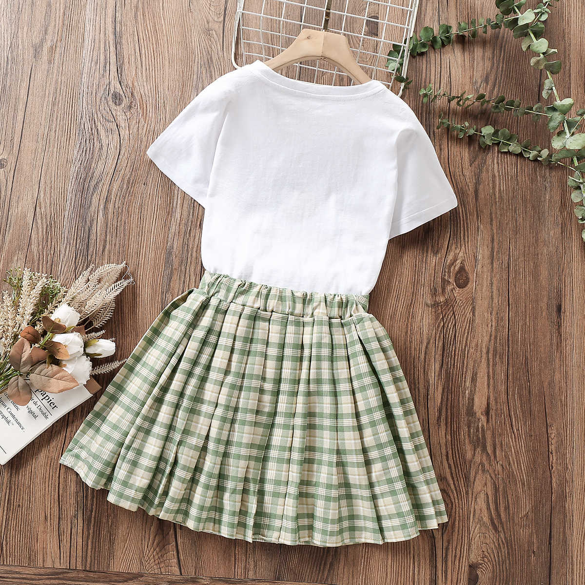 Clothing Sets Kids Preppy Suits for Girls Summer Sets Baby Short Sleeve TShirt Plaid Skirt School Costume Children Clothing 6 8 10 12 Years W230210