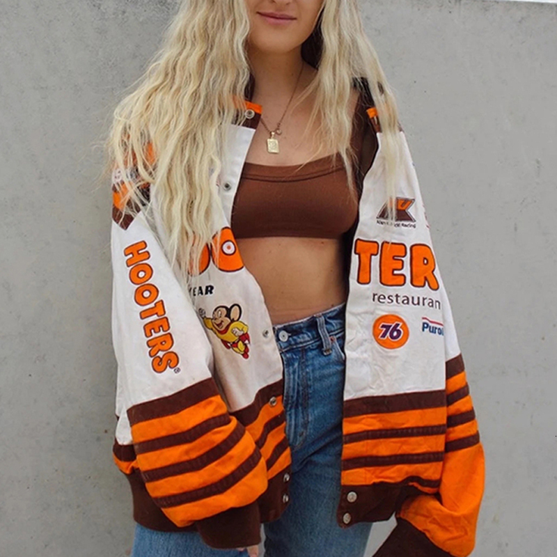 Women's Jackets Vintage Oversized Print Handsome Motorcycle Racing Suit Jacket Women Street Hip-hop Couple Windbreaker Y2K Bomber Jacket Mens 230