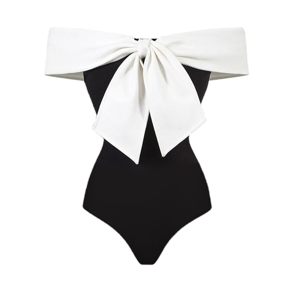 Women's Swimwear Black And White Colorblocked One-shoulder Bikini Slim Fit Open-back Bow Swimsuit Women Elegant Straps Cover up 230209