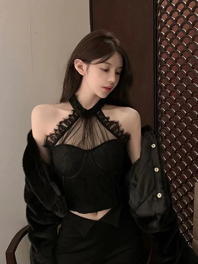 Women sexy halter neck gauze patched perspective lace floral padded bustier short tanks camis SML