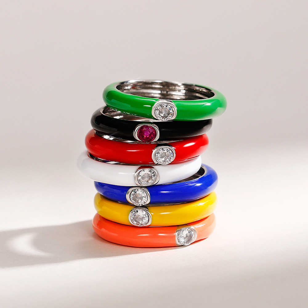 Solitaire Ring New INS Rainbow Colorful Droping Oil Irregular Geometric Crystal Rhinestone Zircon Round Metal For Women Party Jewelry Gift Y2302