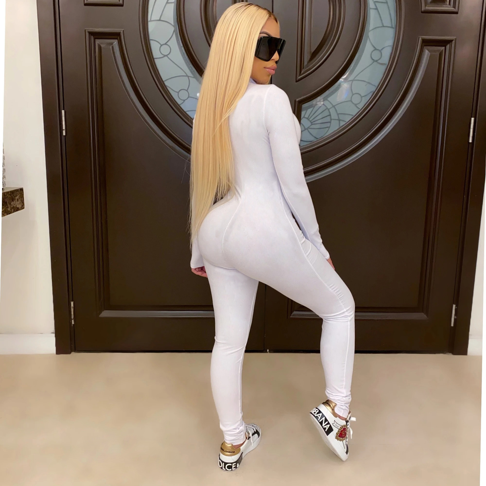 Women's Jumpsuits Rompers Women Solid Jumpsuit Zipper Fitness Playsuit Sportswear V Neck Front Long Sleeve Fitness Rompers Playsuits 230210