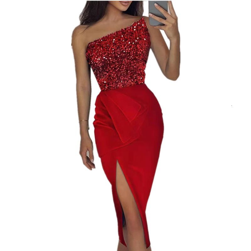 Casual Dresses Elegant Women Sexy Evening Dresses One Shoulder Split Sequined Bandage Y2k Summer Fashion Female Party Mini Midi the Dress 230210
