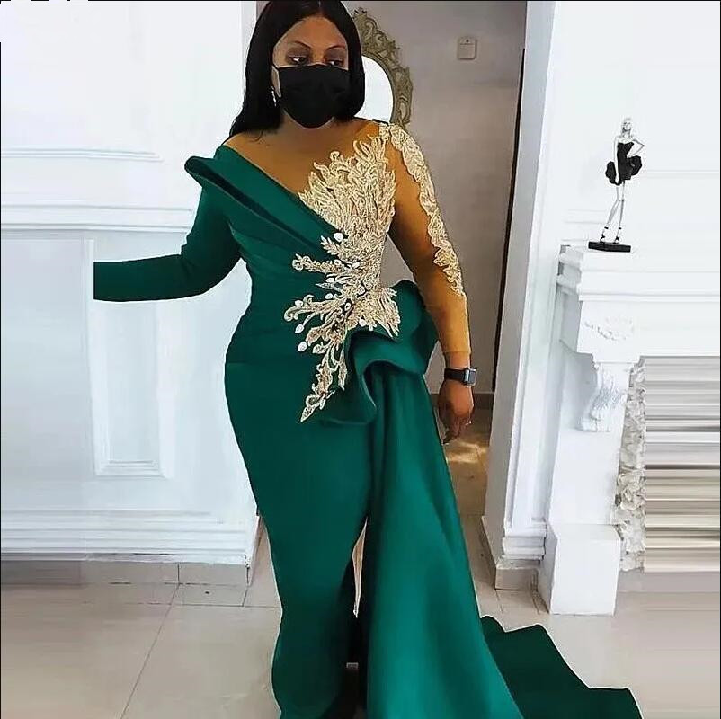 Arabic Aso Ebi Mermaid Prom Dresses hunter green Gold Appliqued Lace Beaded Sheer Neck Long Sleeves Evening Gowns Peplum train
