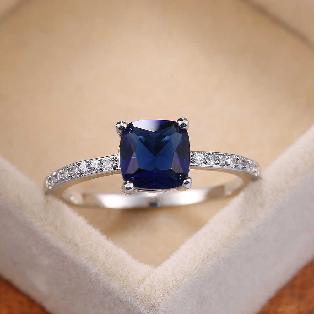 Solitaire Ring Huitan Square Blue Series Stone Women s Simple Minimalist Pinky Accessories Band Elegant Engagement Jewelry s Y2302