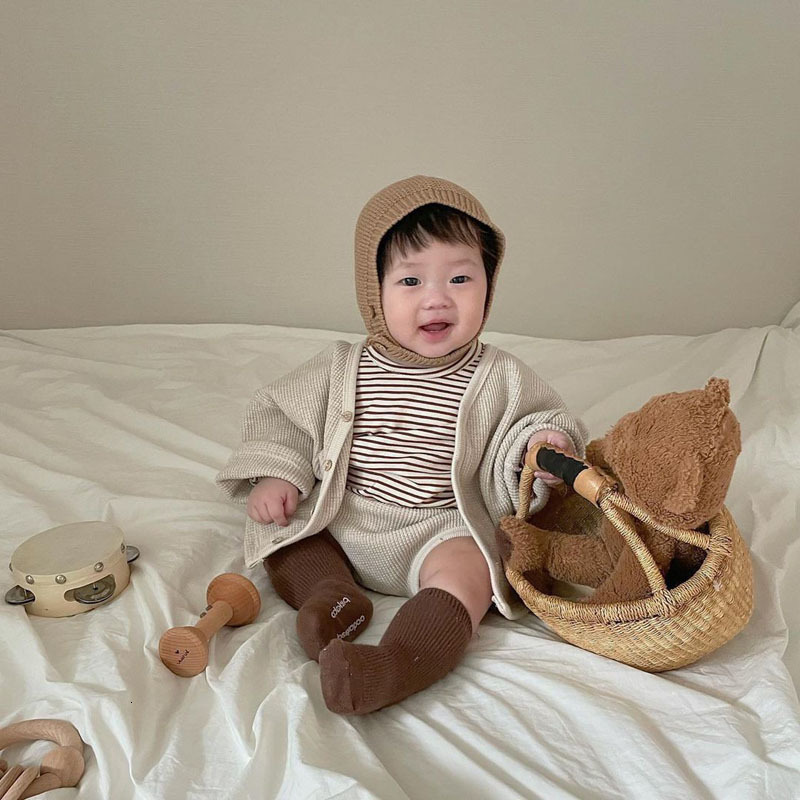 Clothing Sets Summer Baby Cotton Waffle Cardigan Boy Cute Bear Print Tops Pants 2pcs Girl Pp Suit Infant Clothes 230209
