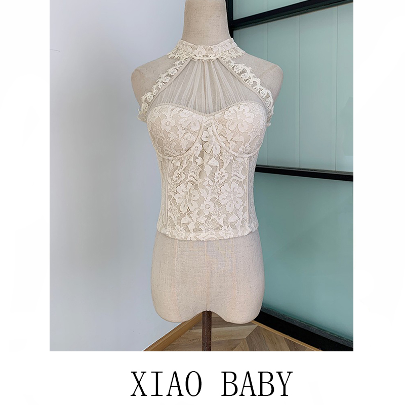 Women sexy halter neck gauze patched perspective lace floral padded bustier short tanks camis SML