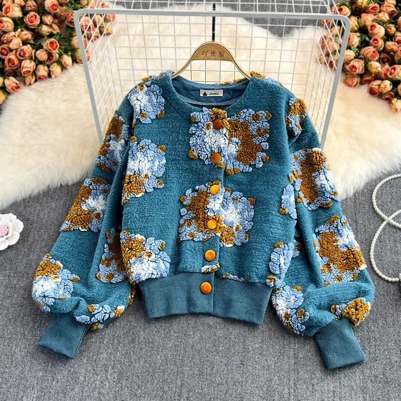 Womens Knits Tees EWQ Spring Three-dimensional Flower Bubble Sleeve O Neck Plush Cardigan Short Warm Coat Tops Women Red Clothing R172 230210