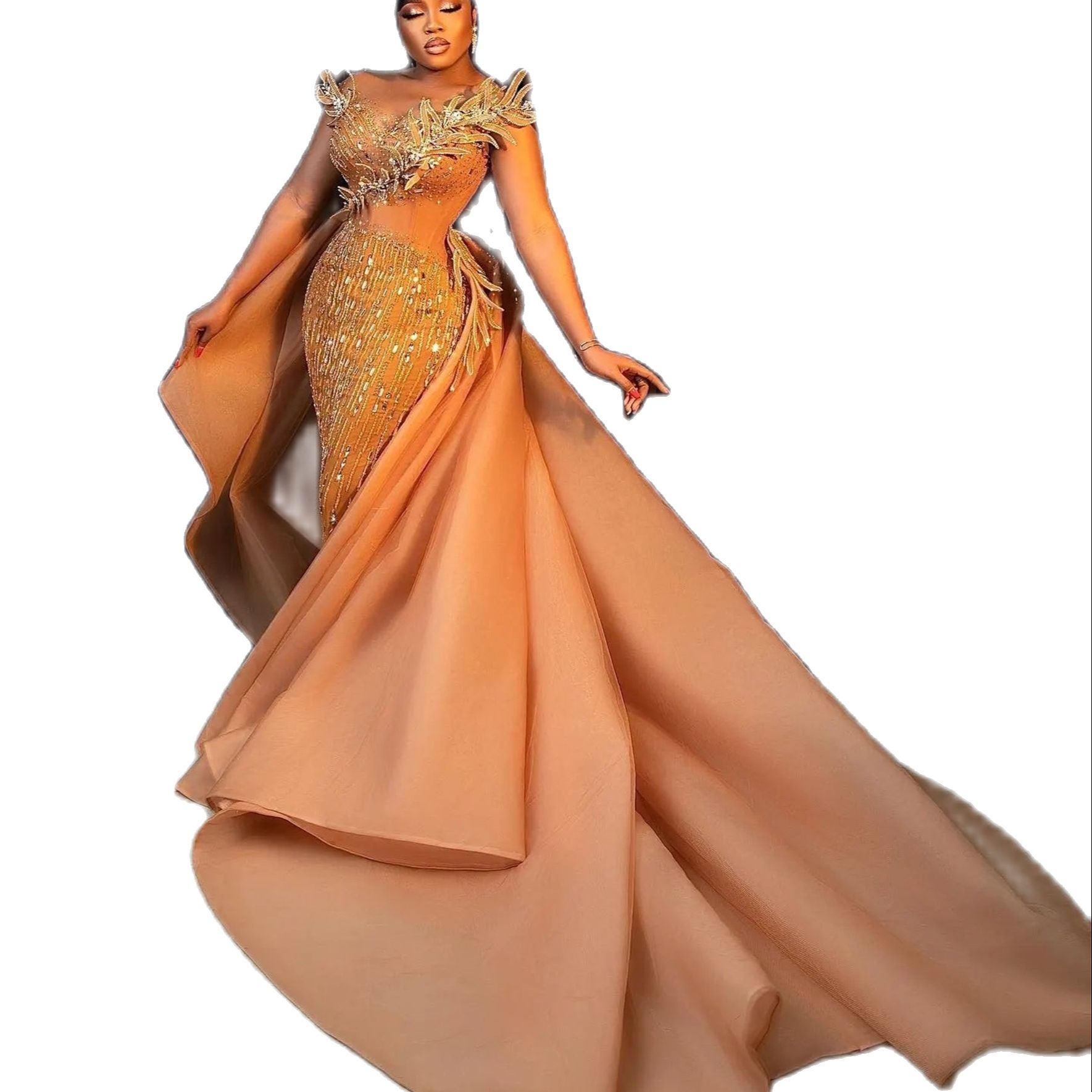Arabic Plus Size Mermaid Evening Dresses Beaded Crystals Sheer Neck Prom Dresses Formal Party Reception Gowns