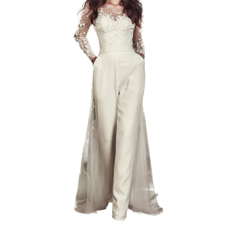Boho Wedding Dress Bride Jumpsuits With Pockets Detachable Train Lace Jacket 3D Floral Applique Long Spring Summer Bridal Gowns Country Garden Women E