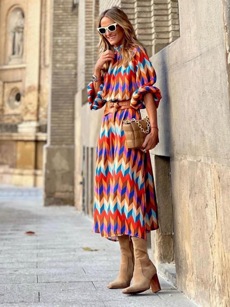 Casual Dresses Summer And Autumn Long Sleeve Printed Waist A-line Dress Womens Lantern Belt Fashion Holiday