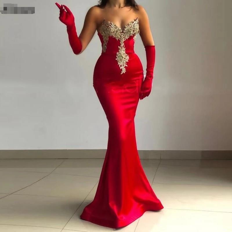Elegant 2 In 1 Prom Dresses With Detachable Train 2023 Mermaid Red Dubai Evening Dress Sweetheart Gold Lace Formal Birthday Gown Aso Ebi Formal Dress 