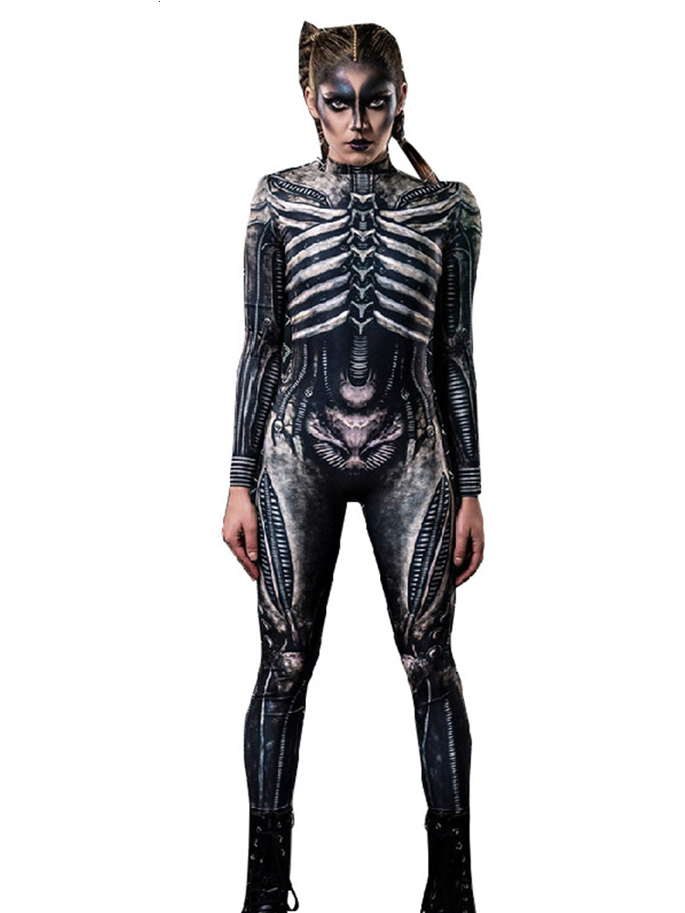 Women's Jumpsuits Rompers Halloween Skeleton Printed Bodysuit Cosplay Costumes Suit Women Jumpsuit Disfraz Halloween Mujer Scary Costumes 230210