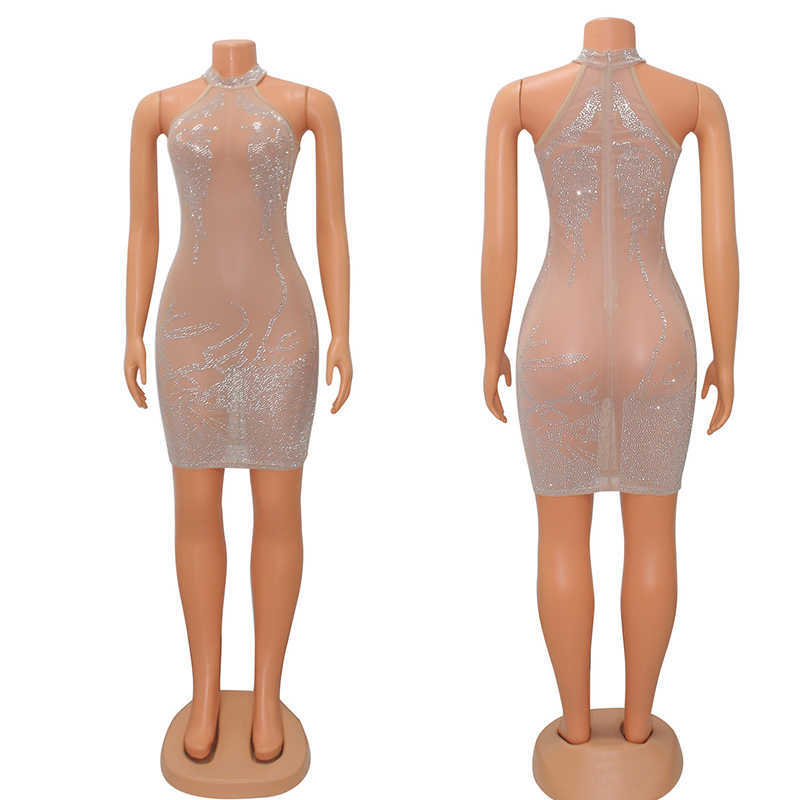 Mesh Casual Sheer Dresses See Through Sexy Party Dress For Women Party Club Night Mini Bodycon Dress Luxury Rhinestone Sparkly Birthday Dress T2