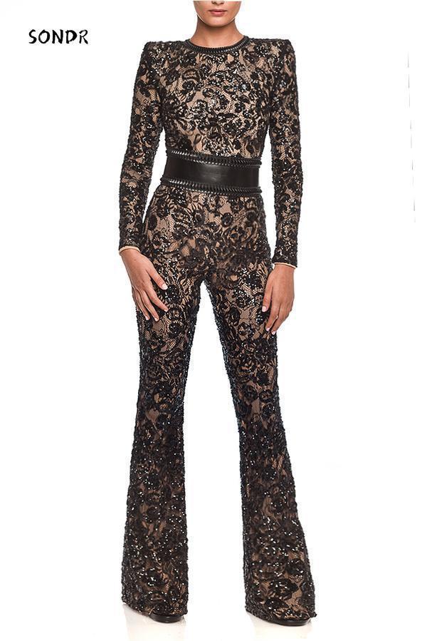 Women's Jumpsuits Rompers Spring High-end Heavy Industry Retro Lace Elegant Solid Full Sleeve High Waist Women's Skinny Boot Cut Jumpsuits 2
