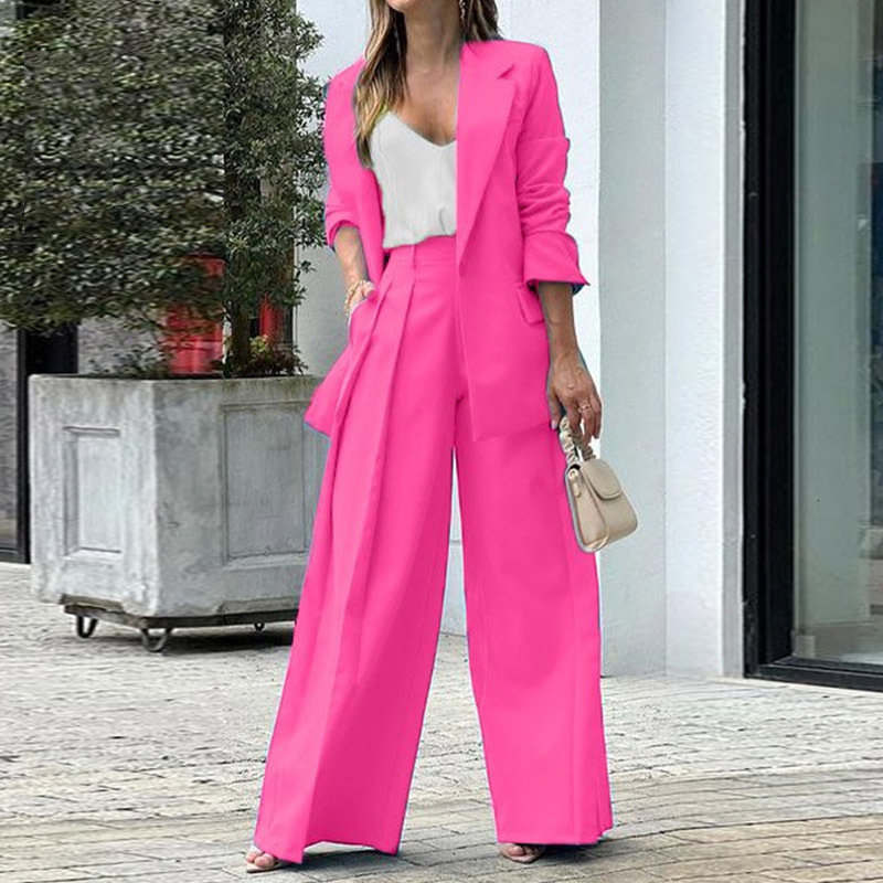 Womens Two Piece Pants Waytobele Women Blazer Suit Set Casual Lapel Solid Long Sleeve With Pockets Single Button Coat Top Loose Wide Legs Sets 230209