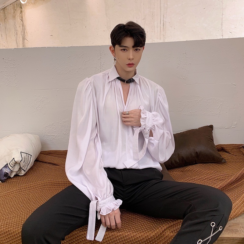 Men's Casual Shirts Men Long Puff Ruffles Sleeve BF Gothic Vintage Blouse Bat Style Folds Gentleman Victorian Elegant Fashion Tops 230209