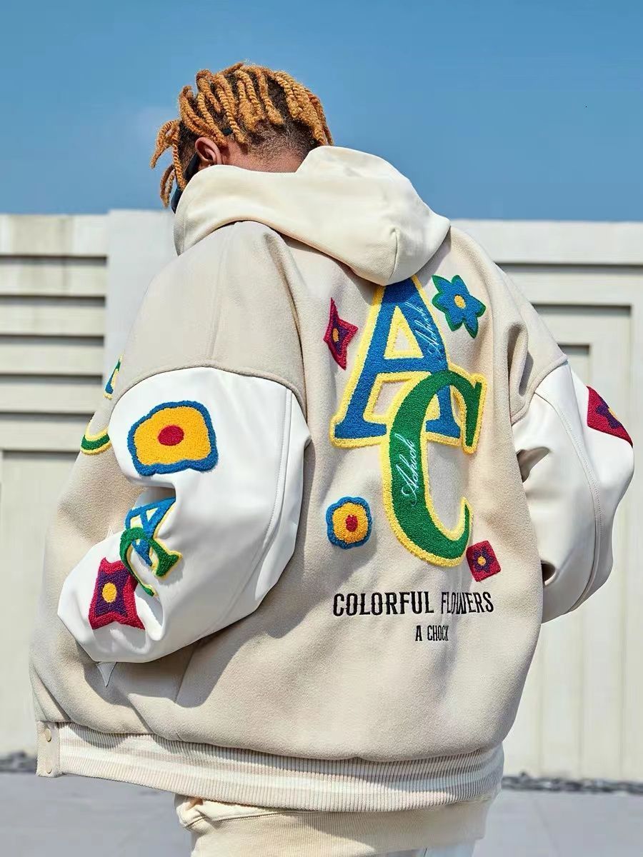 Mens Jackets American Flower Embroidered Flocking Streetwear Trend Coat Winter Moto Masculin Bomber 230210