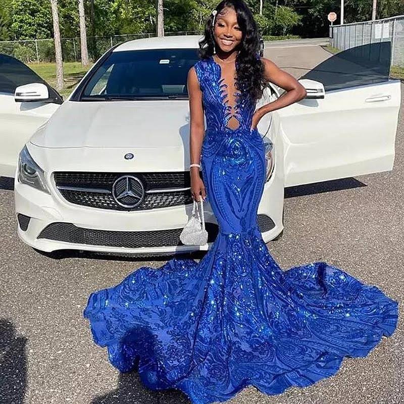 Sparkly Royal Blue Sequin Prom Dress For Black Women Elegant Mermaid African Evening Dresses 2023 Sleeveless Night Party Gowns Beautiful Aso Ebi Forma