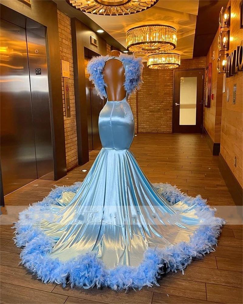 Luxe Baby Blue Feather Prom Dress 2023 Elegant For Black Girls Mermaid Diamond African Aso Ebi Evening Dress Backless Formal Party Gowns Elegant robe 