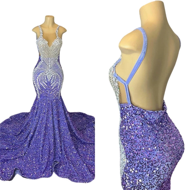 Sexy Lavender Mermaid Prom Dresses Black Girls 2023 gillter Crystal Rhinestone Sequins aso ebi backless evening occasion gown