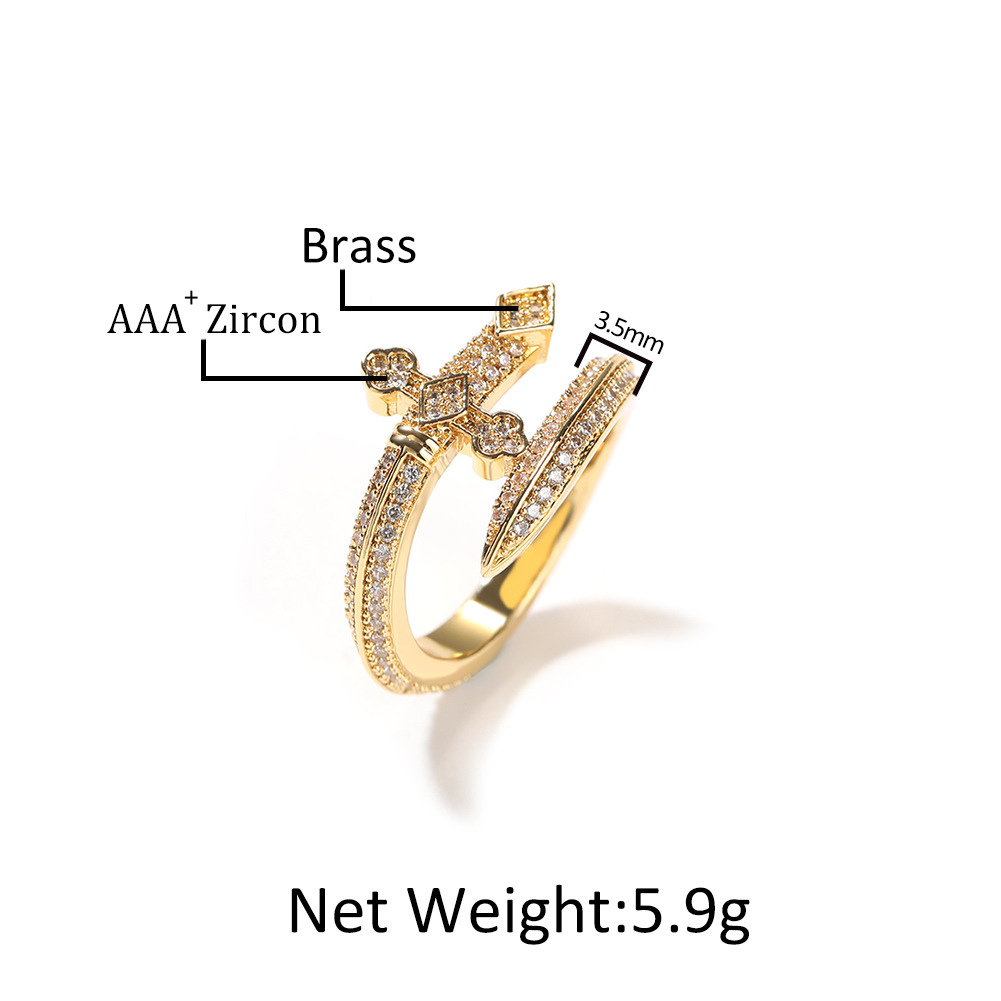 Hip Hop Retro Justice Sword Band Rings Real Gold Plated 5A Zircons Finger Jewelry