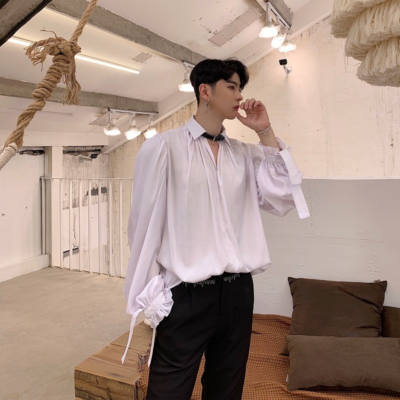 Men's Casual Shirts Men Long Puff Ruffles Sleeve BF Gothic Vintage Blouse Bat Style Folds Gentleman Victorian Elegant Fashion Tops 230209