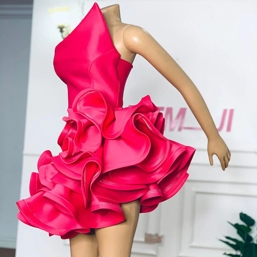 Hot Pink Short Prom Dresses Mermaid Spaghetti Straps Cocktail Club Party Gowns Ruffles Skirt 2023 Graduation Wear