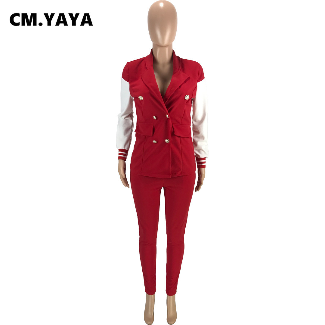 Womens Two Piece Pants CMYAYA Tracksuit Baseball Style Notched Neck Blazer Suit Matching 2 Set Office Lady Outfits Sweatsuit 230209