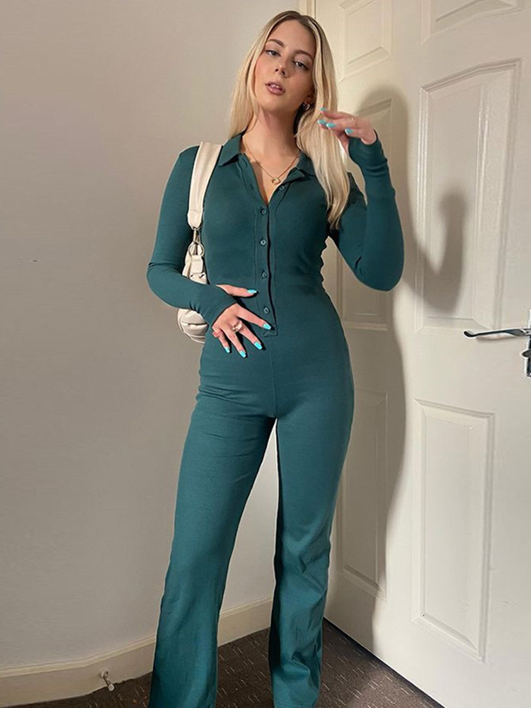 Women's Jumpsuits Rompers Sibybo Long Sleeve Ribbed Jumpsuits For Women Brown Button Wide Legs Jumpsuit Romper Femme Autumn Winter Casual Overall