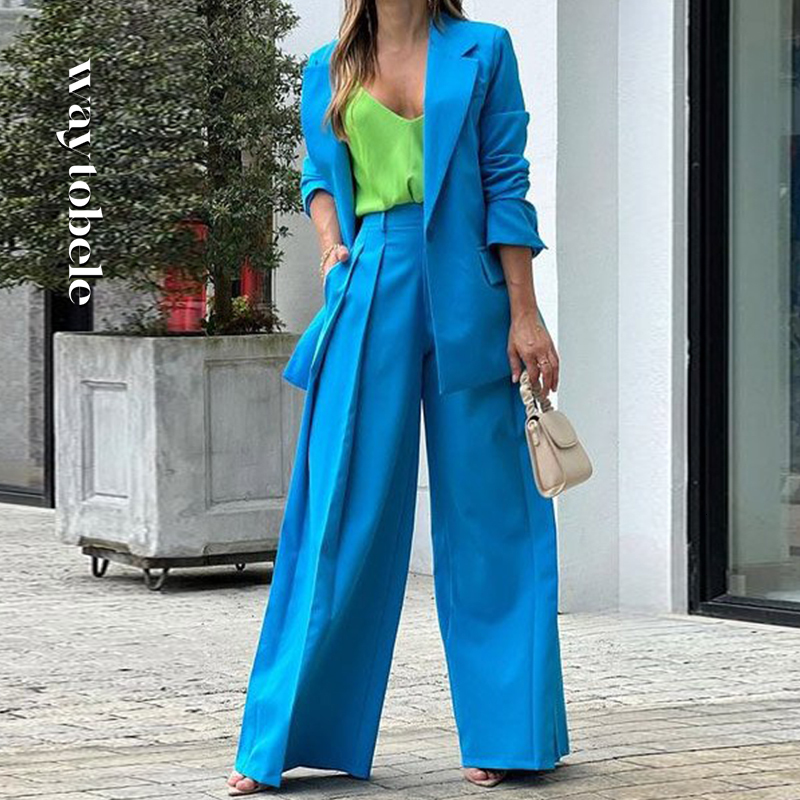 Womens Two Piece Pants Waytobele Women Blazer Suit Set Casual Lapel Solid Long Sleeve With Pockets Single Button Coat Top Loose Wide Legs Sets 230209