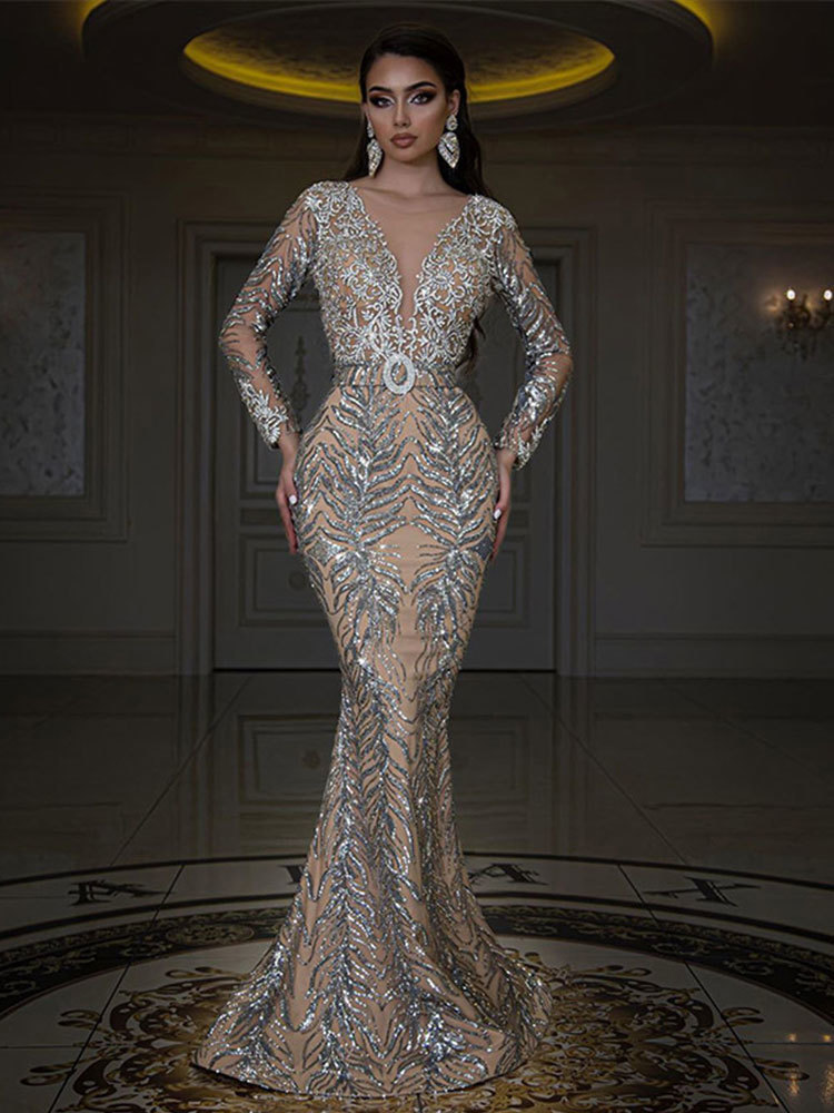 Casual Dresses Women Deep V-Neck Party Dresses V-Neck Long Sleeve Bodycon Fishtail Maxi Dress Ladies Evening Club Sequins Elegant Dress Robe 230210
