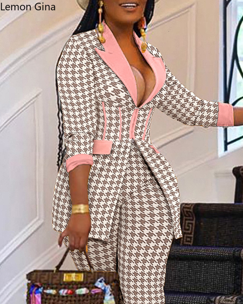 Womens Two Piece Pants Lemon Gina Houndstooth Women Set Long Sleeve Tunic High Waist Blazer Suit Office Lady Tracksuit Fitness Outfit 230209