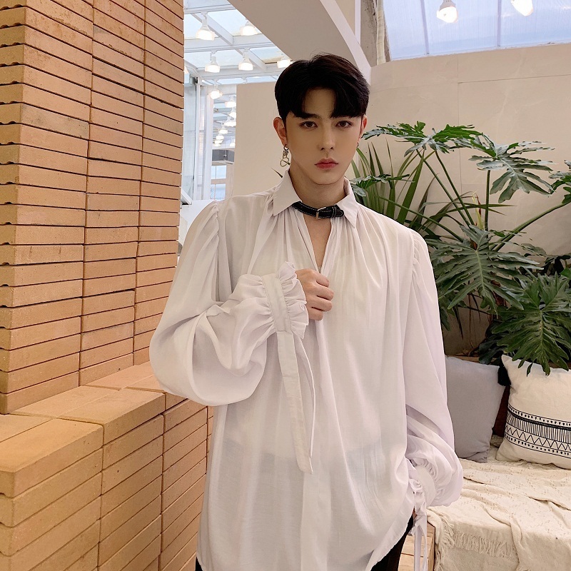 Men's Casual Shirts Men Long Puff Ruffles Sleeve BF Gothic Vintage Blouse Bat Style Folds Gentleman Victorian Elegant Fashion Tops 230209