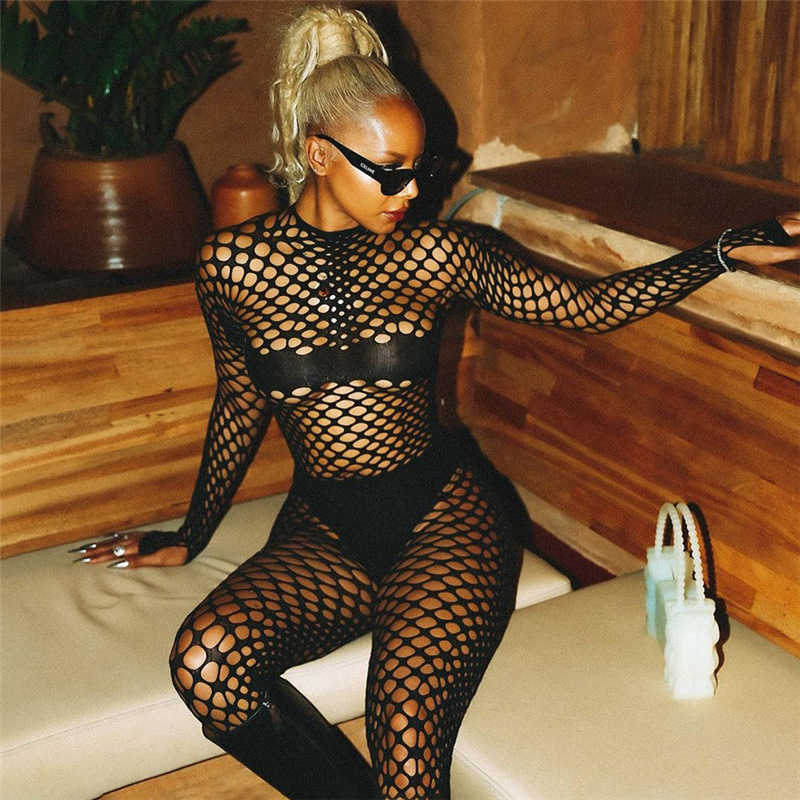 2023 Women pants Spring Women's New Fishing Net Perspective Hollow High Waist Tight Pants Set