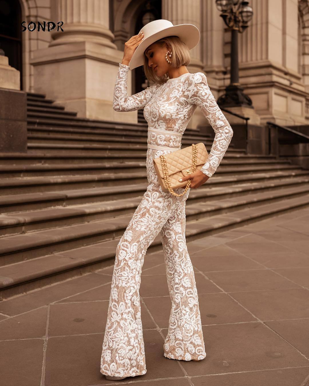 Women's Jumpsuits Rompers Spring High-end Heavy Industry Retro Lace Elegant Solid Full Sleeve High Waist Women's Skinny Boot Cut Jumpsuits 2