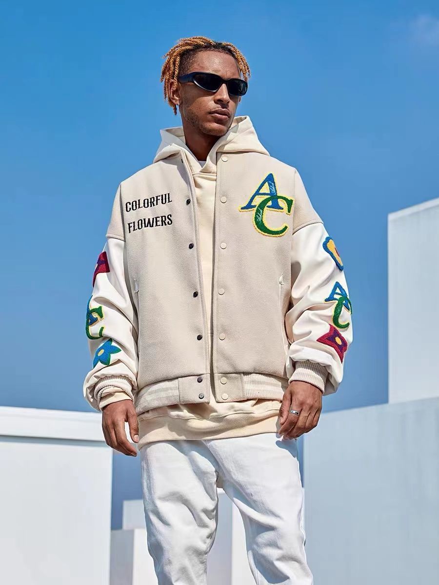 Mens Jackets American Flower Embroidered Flocking Streetwear Trend Coat Winter Moto Masculin Bomber 230210