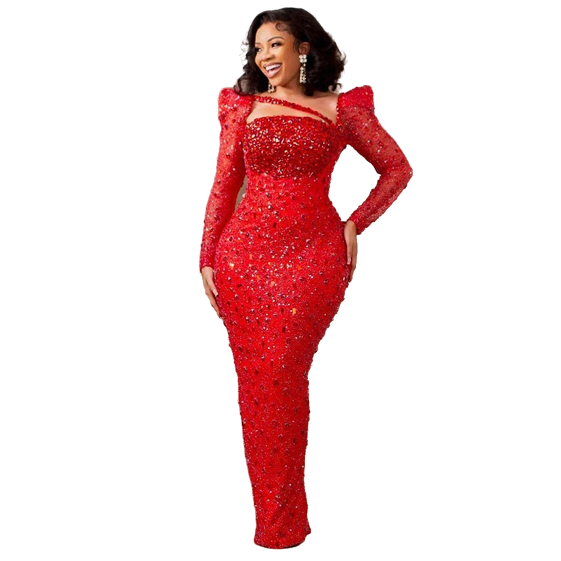Glitter Sequin Crystals Beaded Evening Dresses Long Sleeves Floor Length Sheath Red Luxury Aso Ebi Prom Dress Sexy Slim Fit Special Occasion Wear