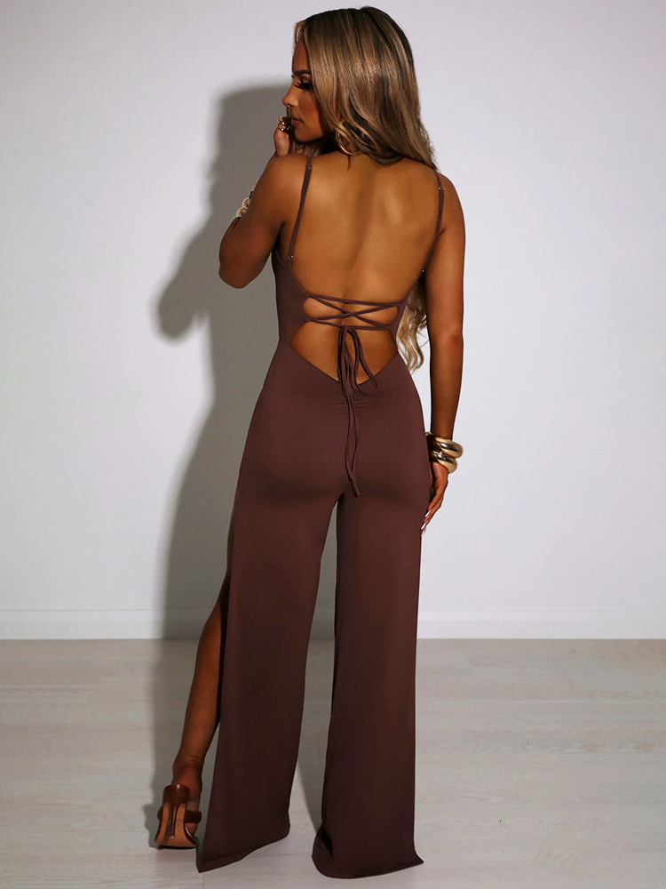 Women's Jumpsuits Rompers Articat Sexy Backless High Slit Bandage Women Jumpsuits White Spaghetti Strap Elegant Jumpsuit Female Summer Slim Party