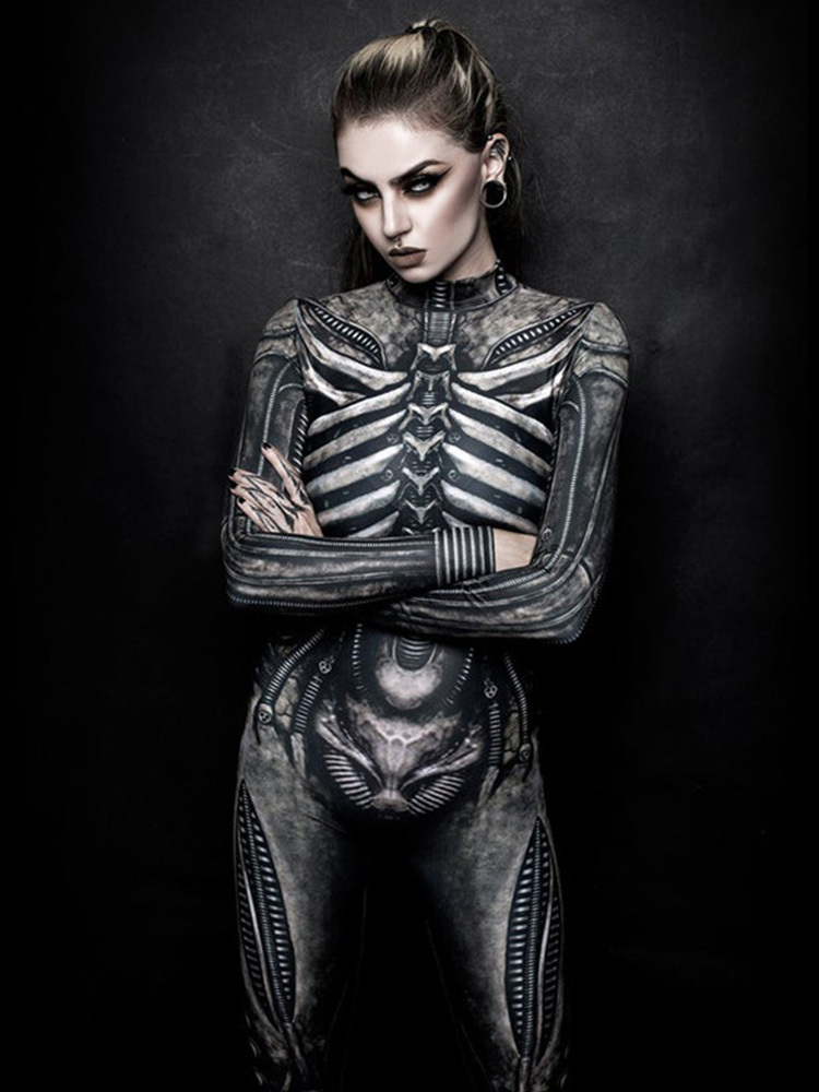 Women's Jumpsuits Rompers Halloween Skeleton Printed Bodysuit Cosplay Costumes Suit Women Jumpsuit Disfraz Halloween Mujer Scary Costumes 230210