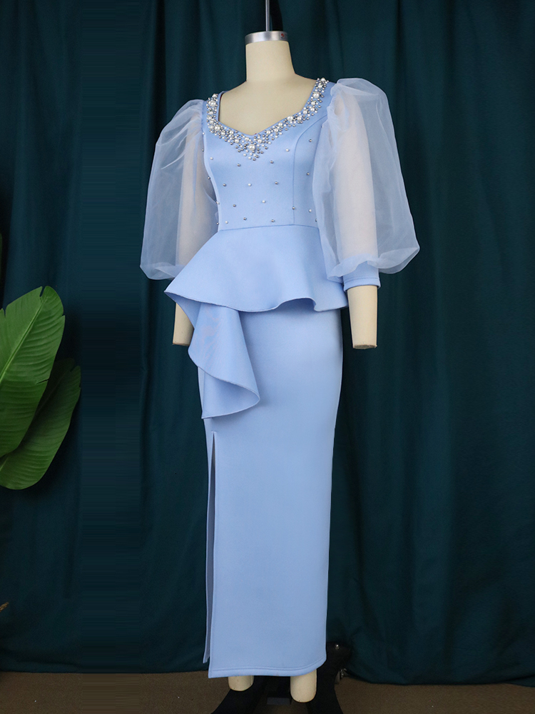 Casual Dresses Chic Women Long Dresses Beaded Sweetheart Neck Tulle Long Sleeve High Waist Slit Dress Elegant Date Night Business Club Wear 3XL 230210