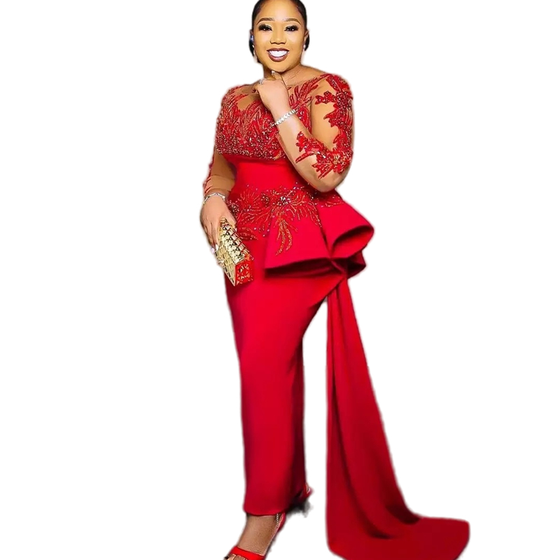 Aso Ebi Red Sheath Evening Dresses Shiny Beads Lace Applique Long Sleeves Ankle Length Satin African Prom Dress Peplum Celebrity Party Gown For Black 
