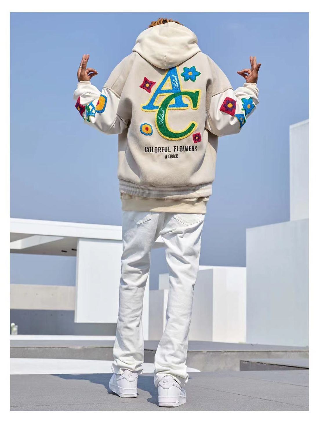 Mens Jackets American Flower Embroidered Flocking Streetwear Trend Coat Winter Moto Masculin Bomber 230210