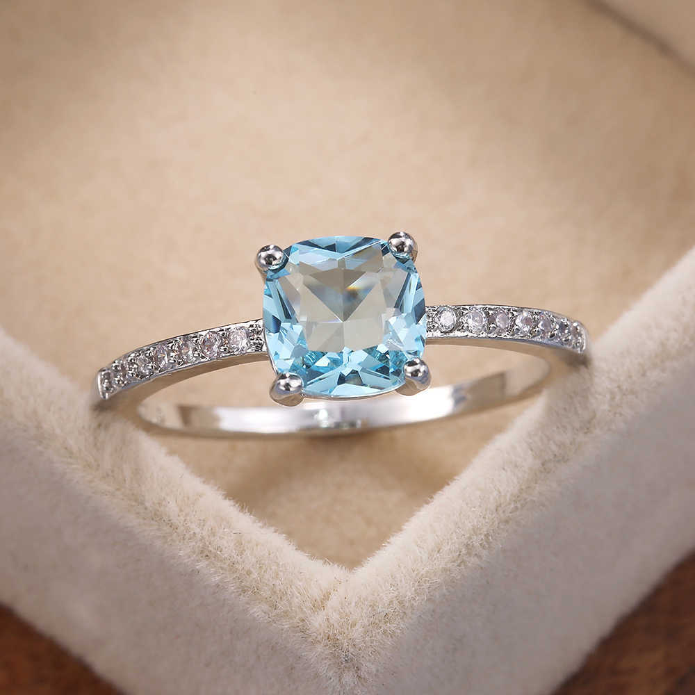 Solitaire Ring Huitan Square Blue Series Stone Women s Simple Minimalist Pinky Accessories Band Elegant Engagement Jewelry s Y2302